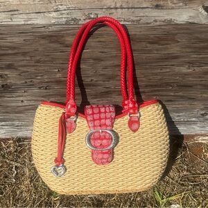 BRIGHTON SHAUNA Purse Handbag Red Leather & Straw Western Beach